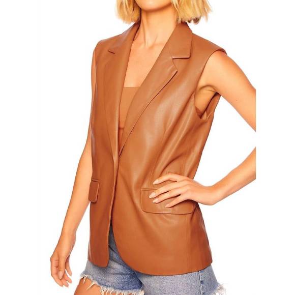 NEW SUSANA MONACO faux leather collar vest in caramel - Picture 3 of 5